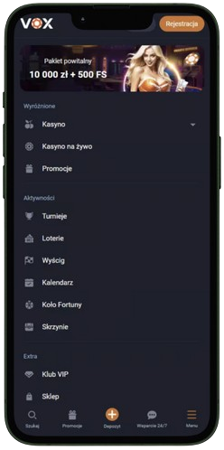 Lobby kasyna na żywo w aplikacji Vox Casino